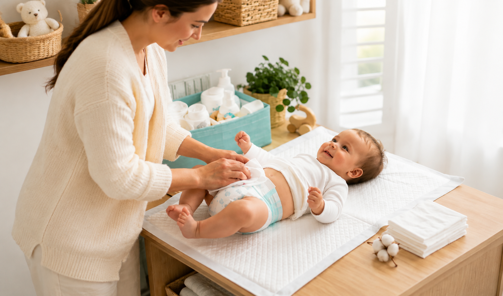 Parent gently cleaning baby during the KidEasy Clean Change Routine