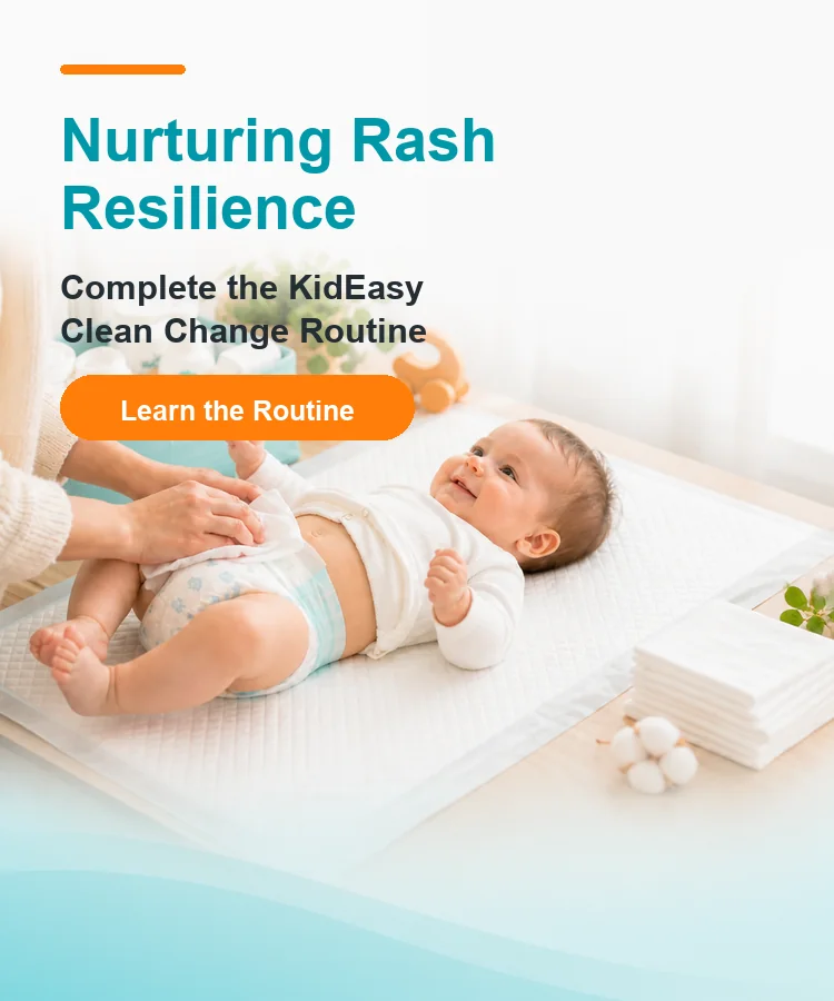 KidEasy mobile banner showing baby on disposable changing pad with dry baby wipes for the Clean Change Routine